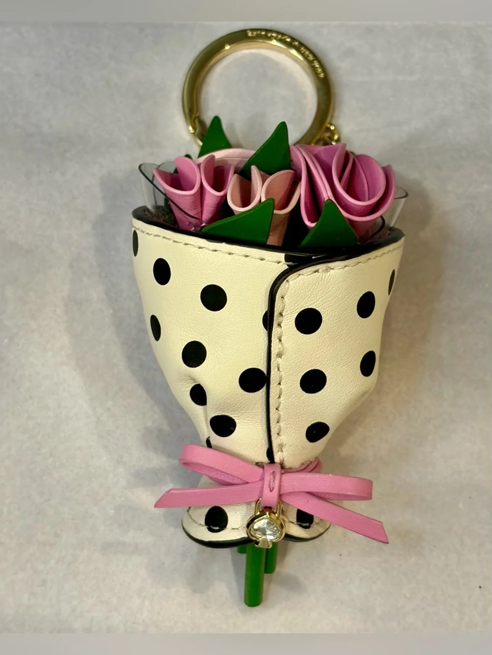 NWOT KATE SPADE Black Leather Canvas Tote & flower bouquet bag charm/key fob🖤💐